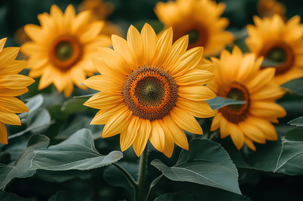 Bright sunflowers bloom in a vibrant, a Photo by Tanuart