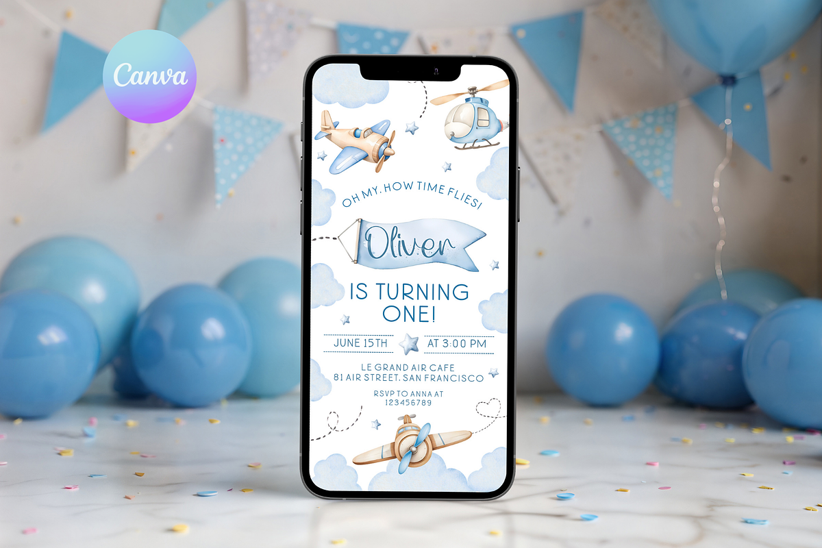 Vintage Plane 1st Bday Digital Evite, a Templates & Theme by VeliusCreativeStudio (Photo 1 of 3)