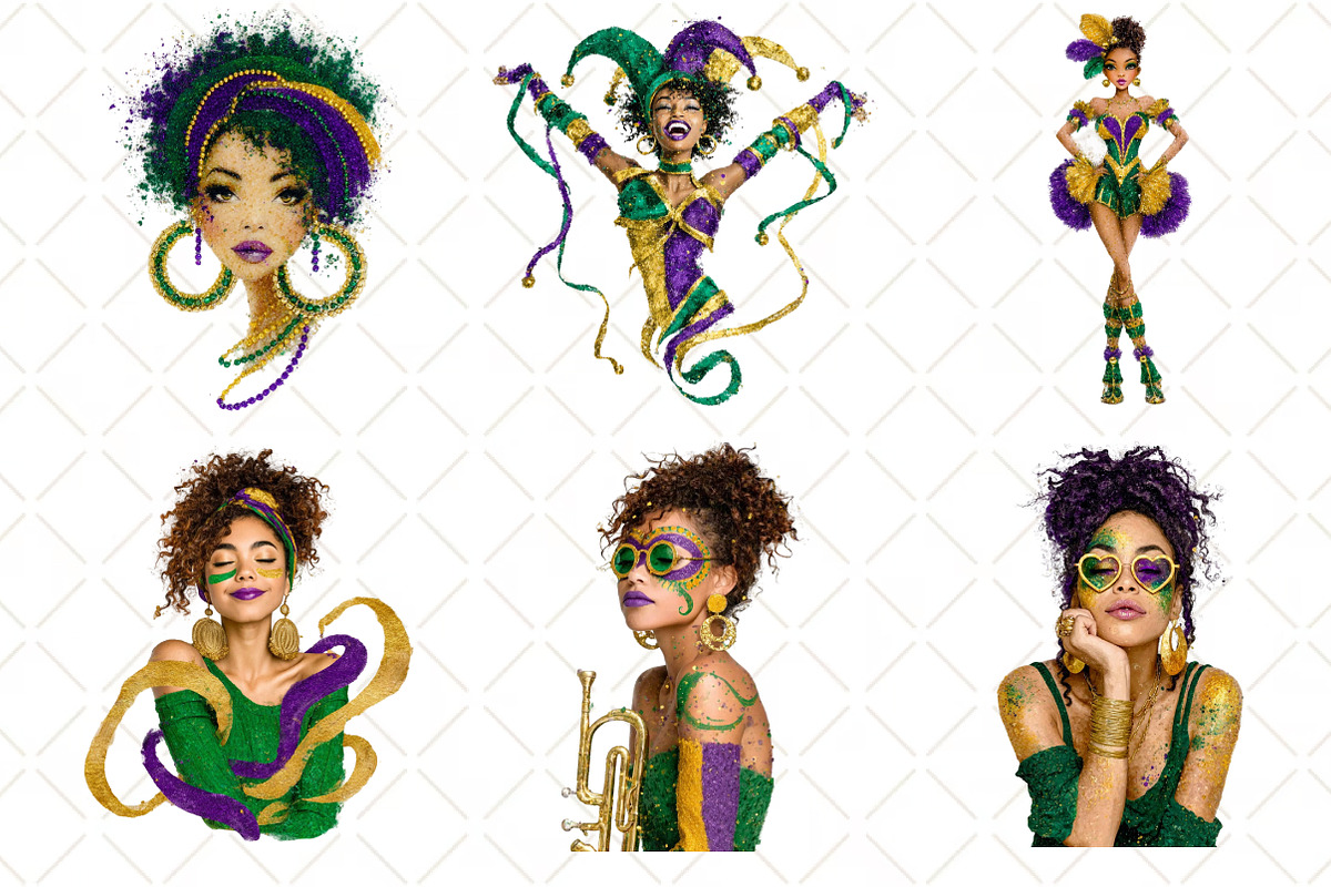 Afro Girls Mardi Gras Clipart, an Illustration by Black Bird Studio (Photo 2 of 6)