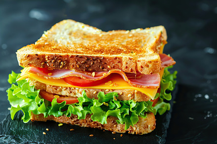 Toast sandwich with cheese, turkey ham, tomato and fresh lettuce on wooden back, a Food & Drink Photo by AlyaAnd