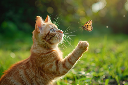 Redhaired cat playing with butterfly in the park, an Animal Photo by AlyaAnd