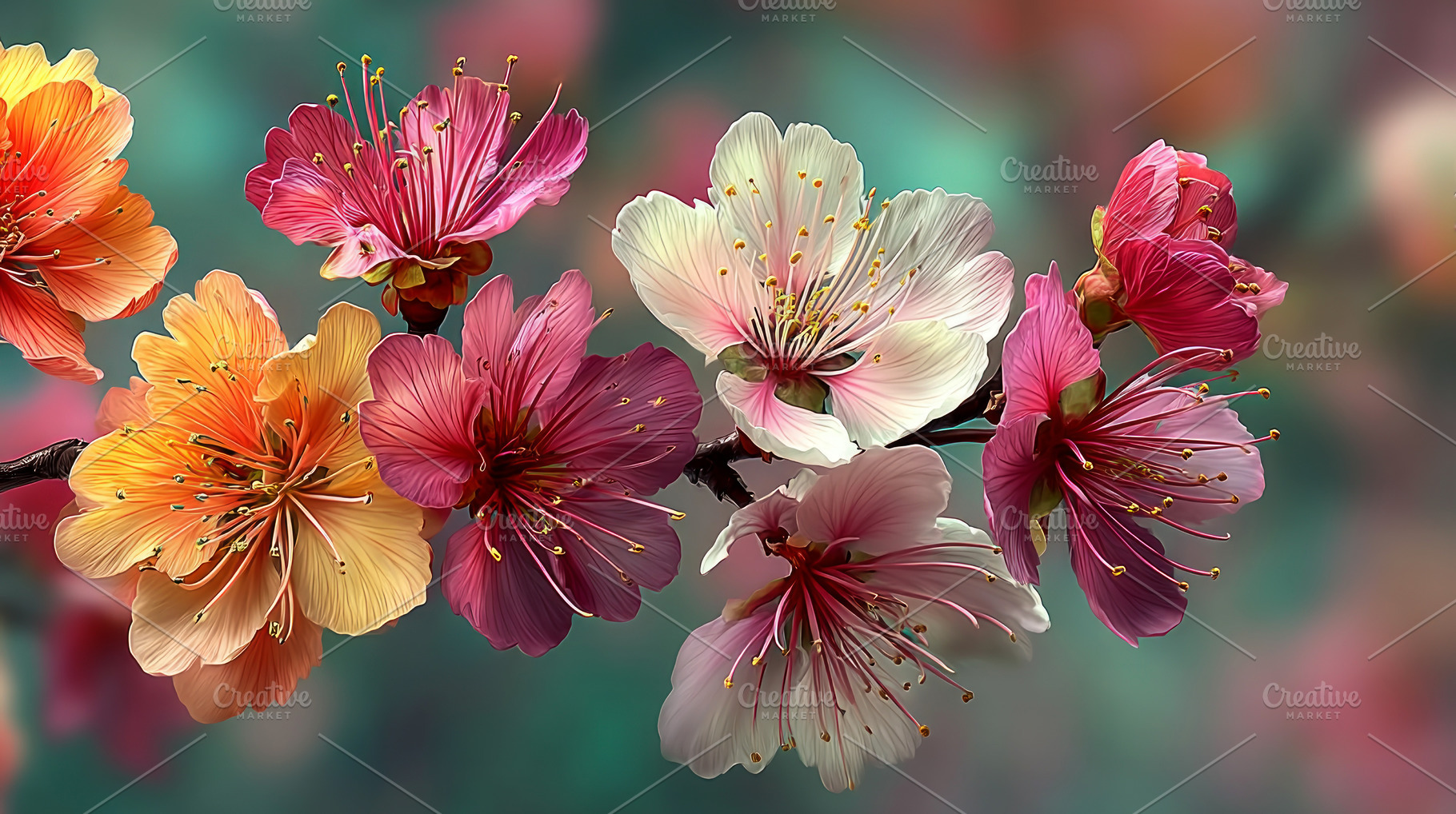 Colorful Cherry Blossom Branch with Pink White and Orange Flower, a Nature Photo by José Manuel Gelpi