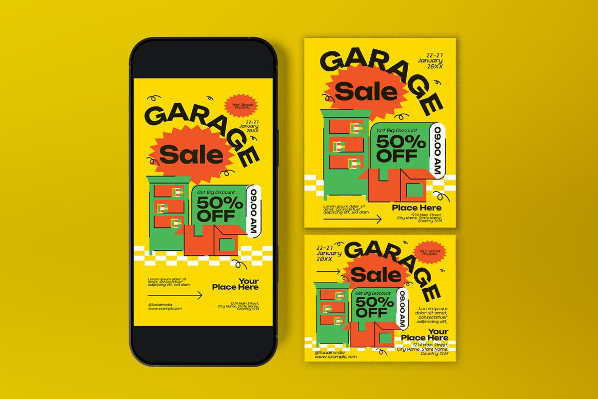 Yellow Quirky Garage Sale Flyer Set, a Flyer Template by graphicook (Photo 3 of 3)