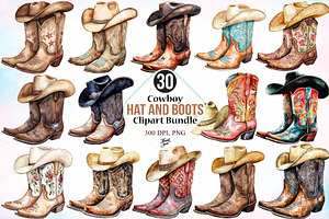 Cowboy Hat and Boots Clipart Bundle, a Seasonal Illustration by Canvas Craft