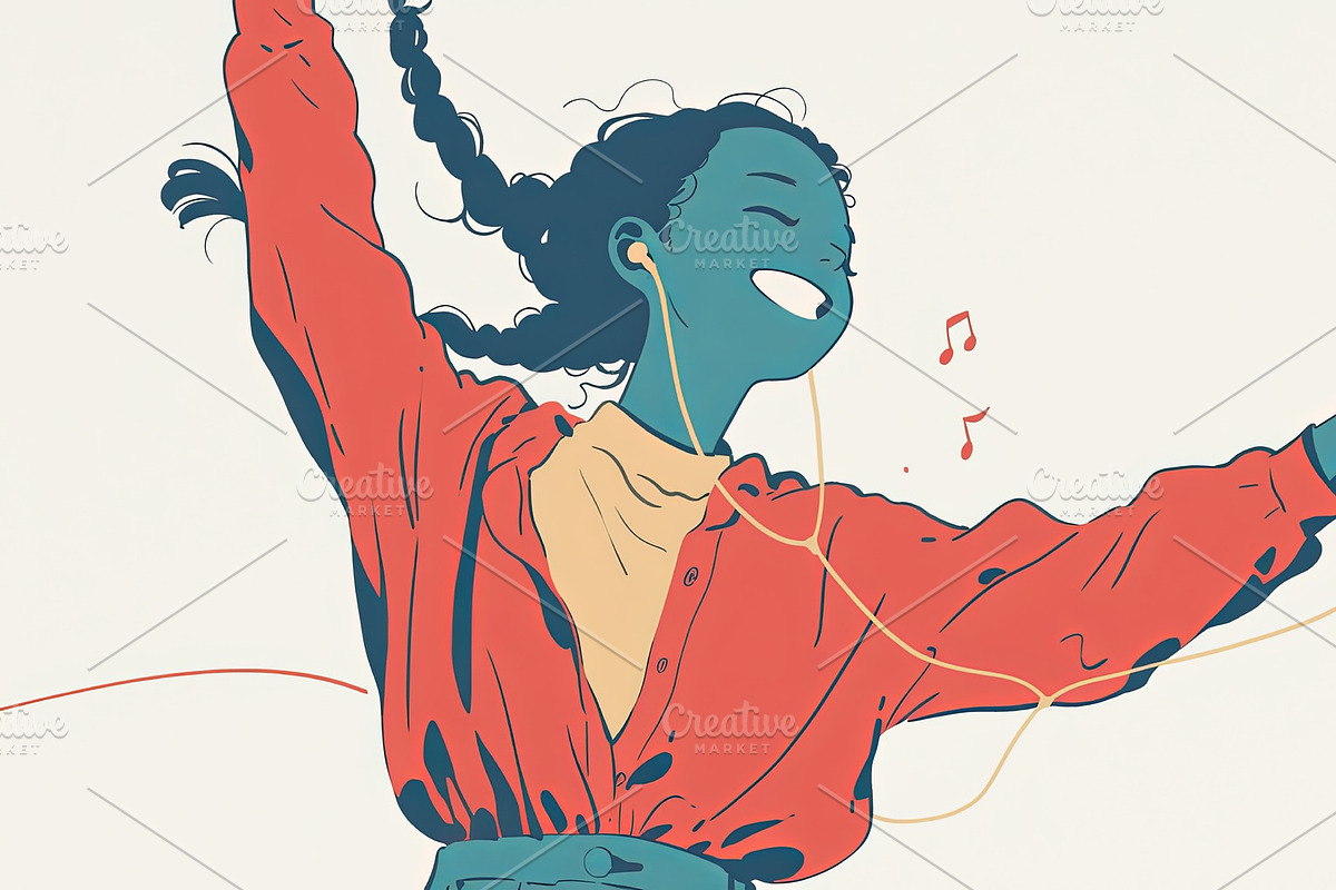 Cheerful young woman enjoying music with earphones and a mobile phone, an Illustration by AS photostudio