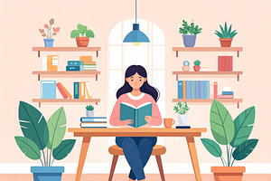 Student deeply concentrated on a book, surrounded by a calm room, an Education Illustration by DanFLCreativo