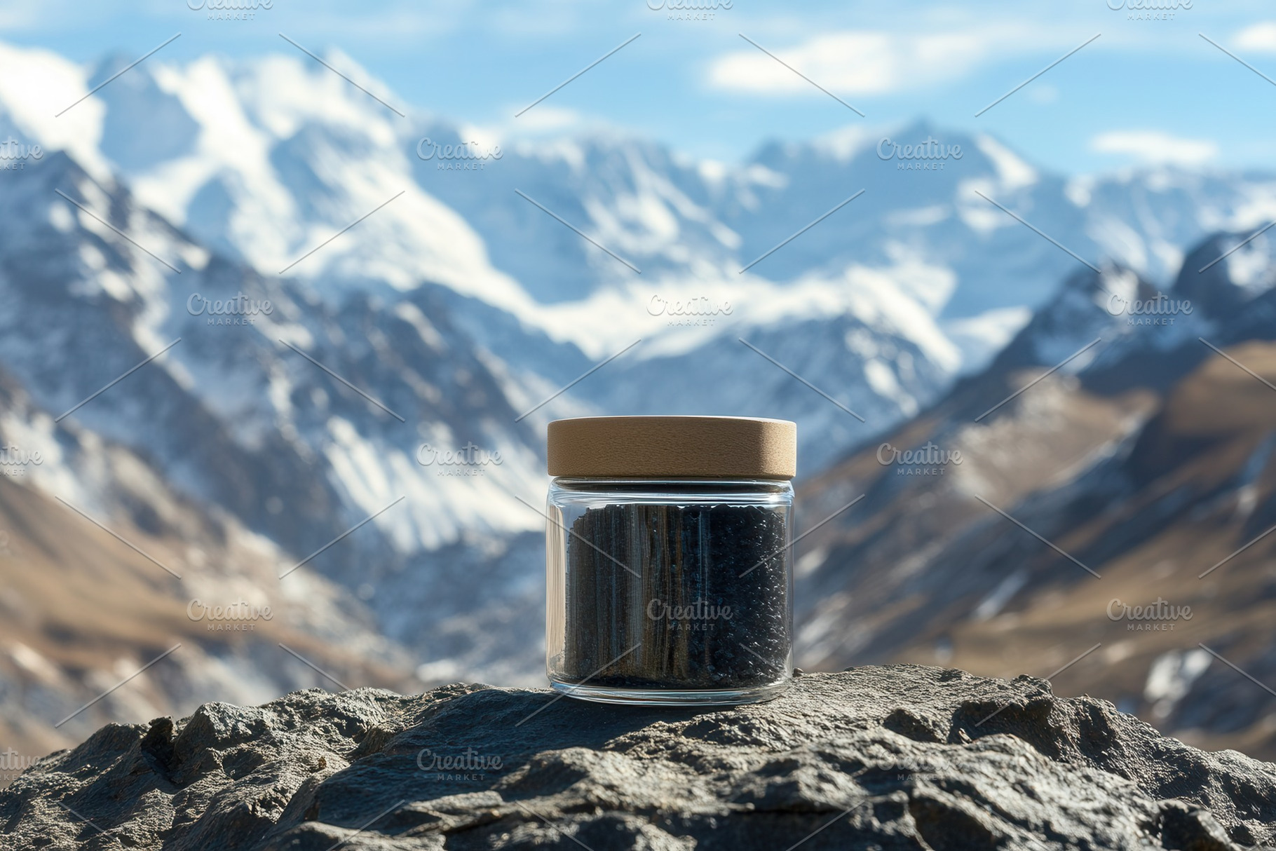 Shilajit jar amid snowy peaks, a Photo by Pavel_design