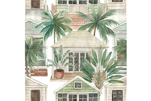 Tropical Bungalow. Seamless Pattern