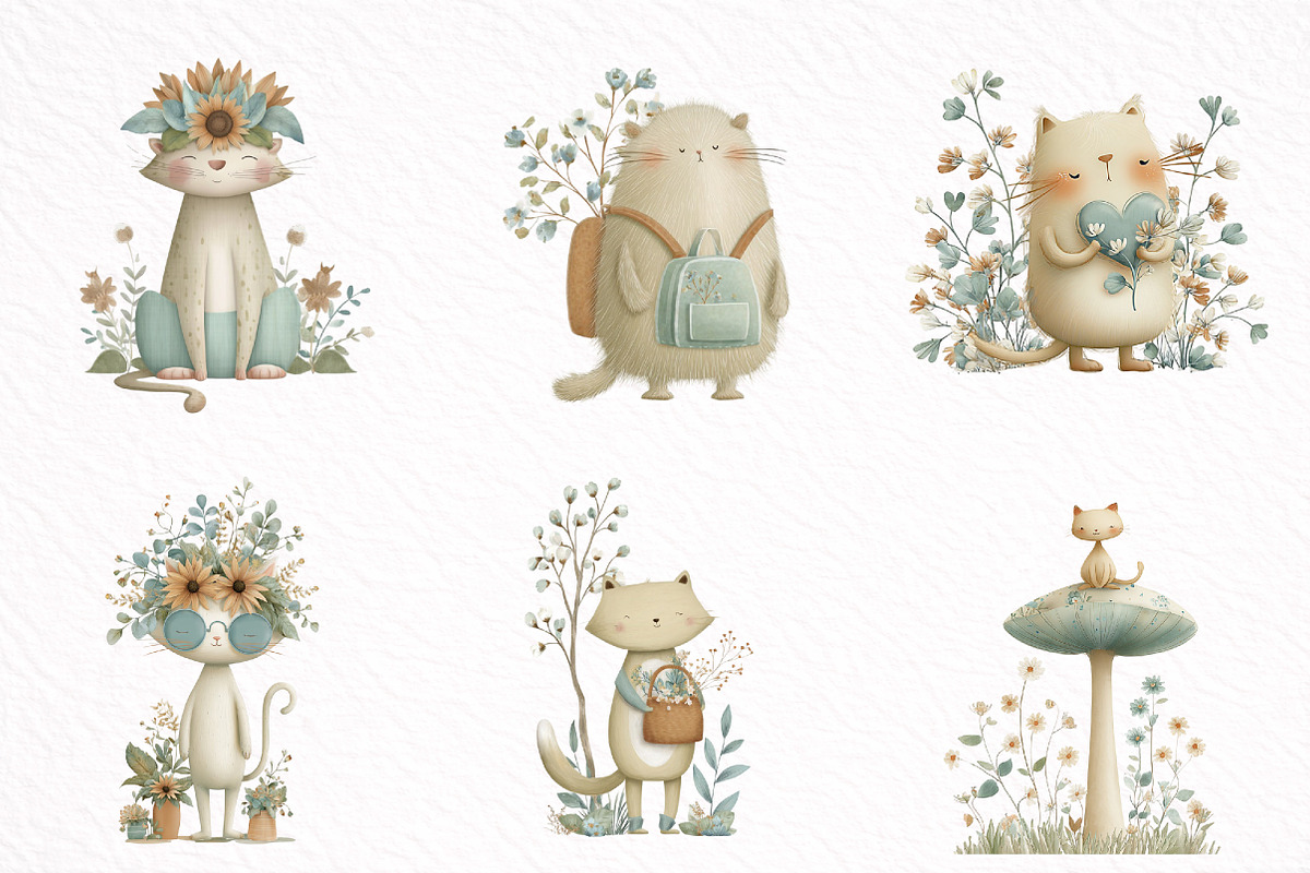 Whimsical Funny Spring Cats Clipart, an Illustration by DreamArtGraphic (Photo 3 of 8)