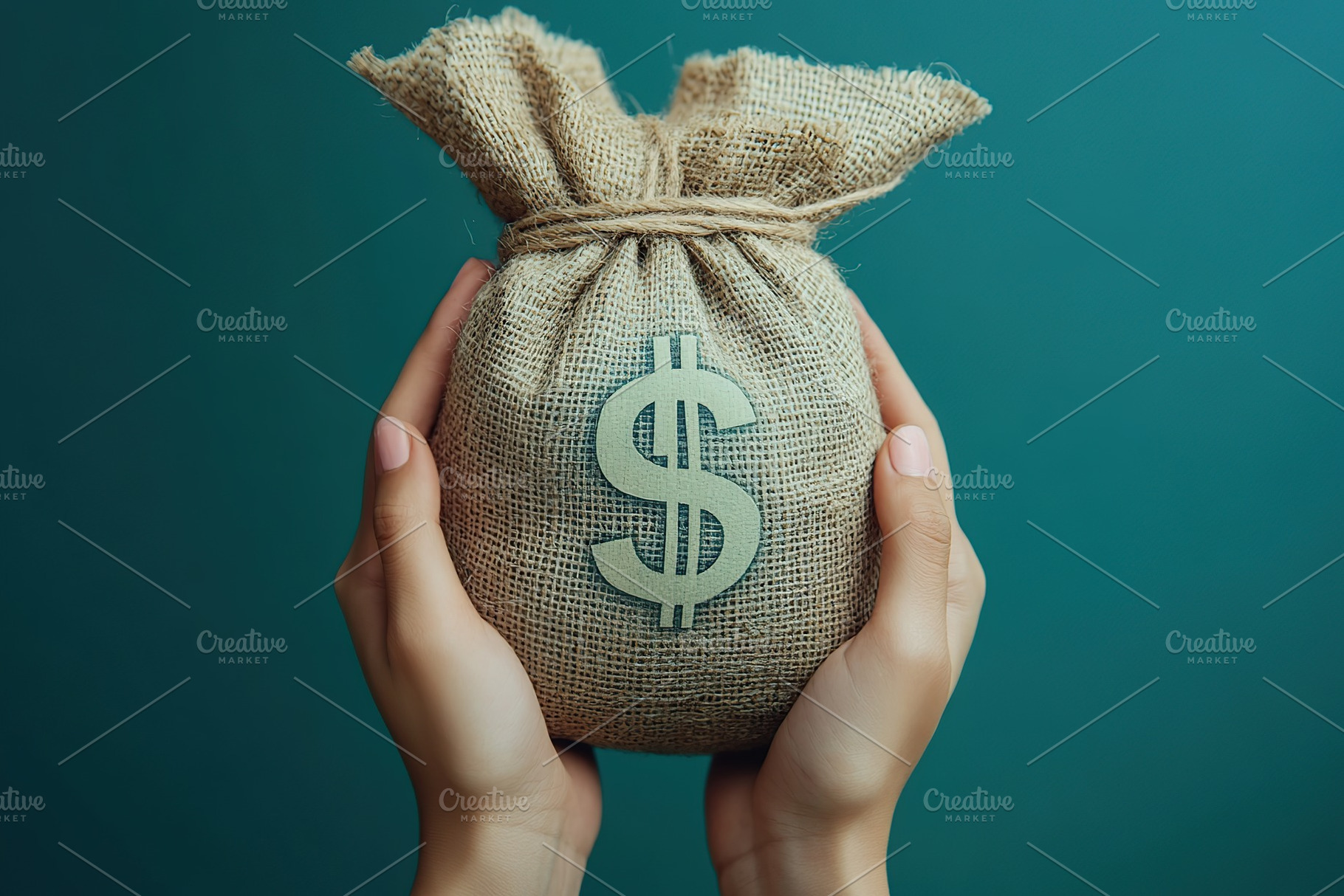 Female hands holding burlap bag with dollar symbol and banknotes, a Business Photo by AlyaAnd
