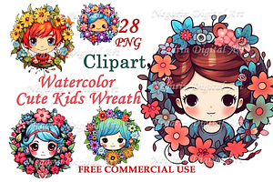 Watercolor Cute Kids Wreath Clipart