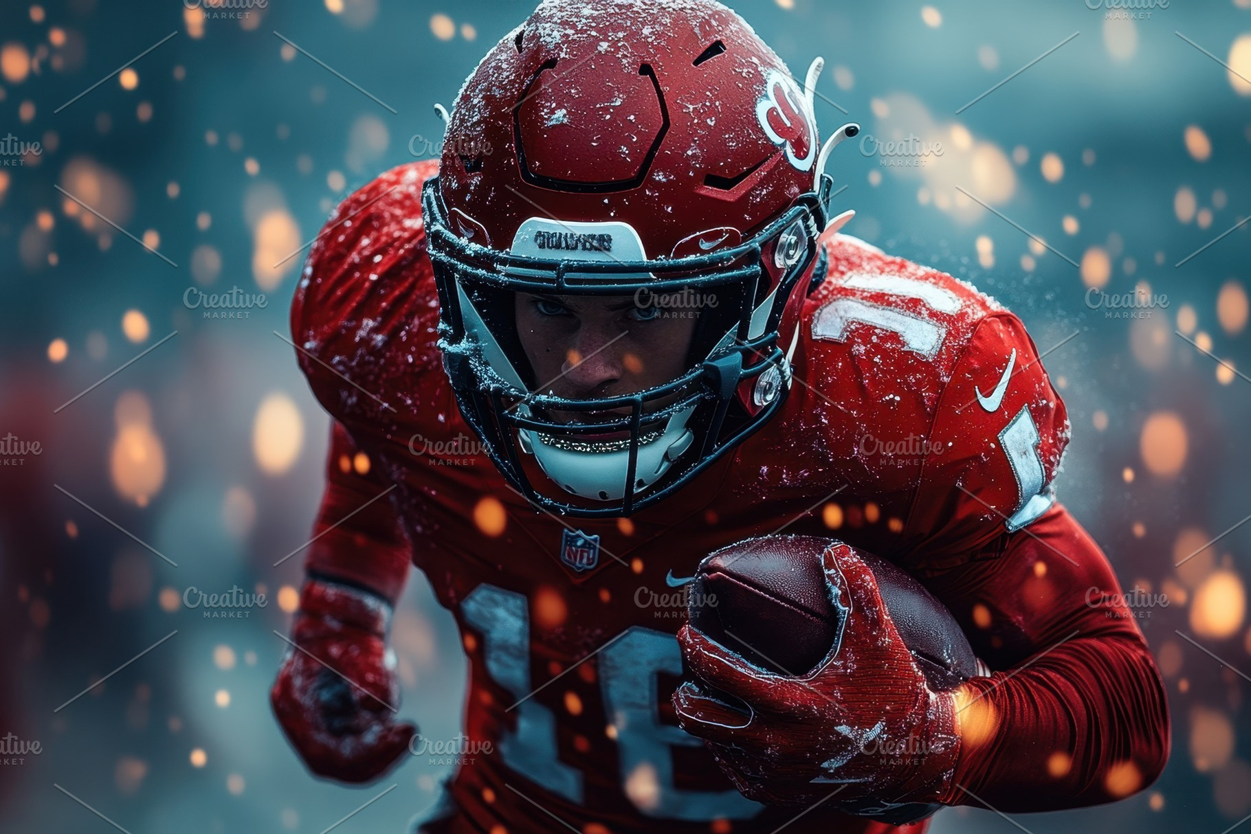 Dynamic football player wearing red, a Photo by Tanuart