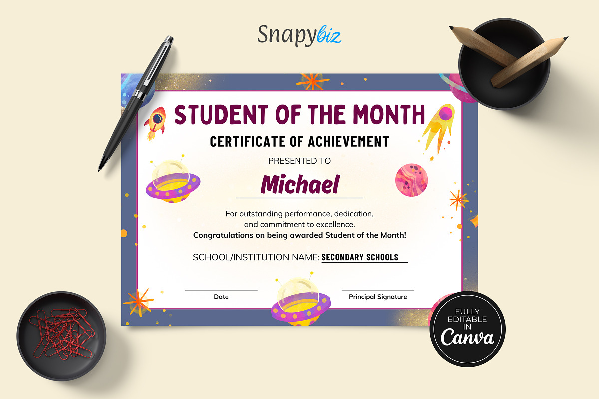 Student of Month Certificate Canva Editable Template