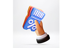 3D Hand holding discount ticket with, an Object Illustration by Abscent