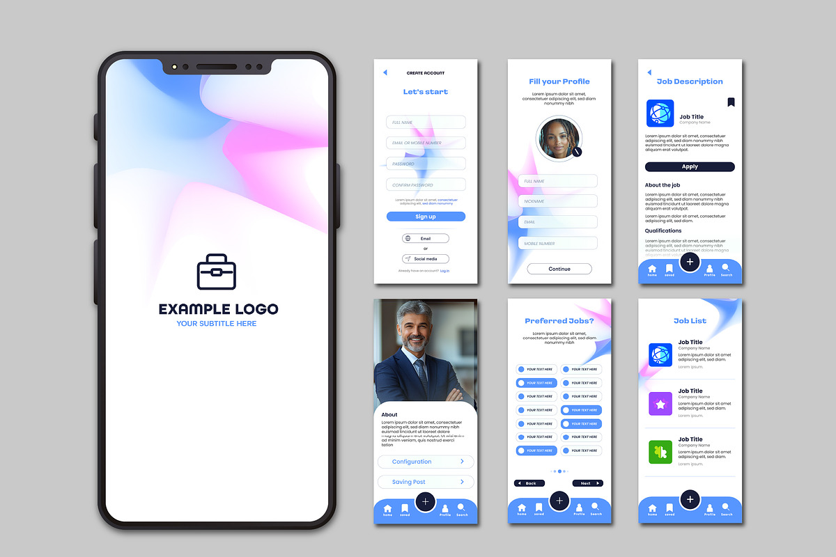 Job Search Mobile App UI Kit, a Templates & Theme by studiogstock (Photo 1 of 2)