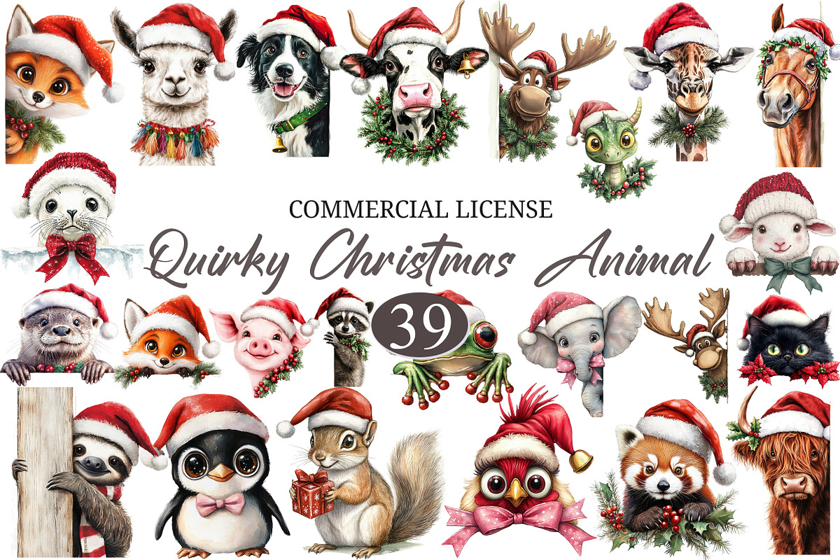 Quirky Christmas Animal Peeking Clip, a Seasonal Illustration by designcity5 (Photo 1 of 5)