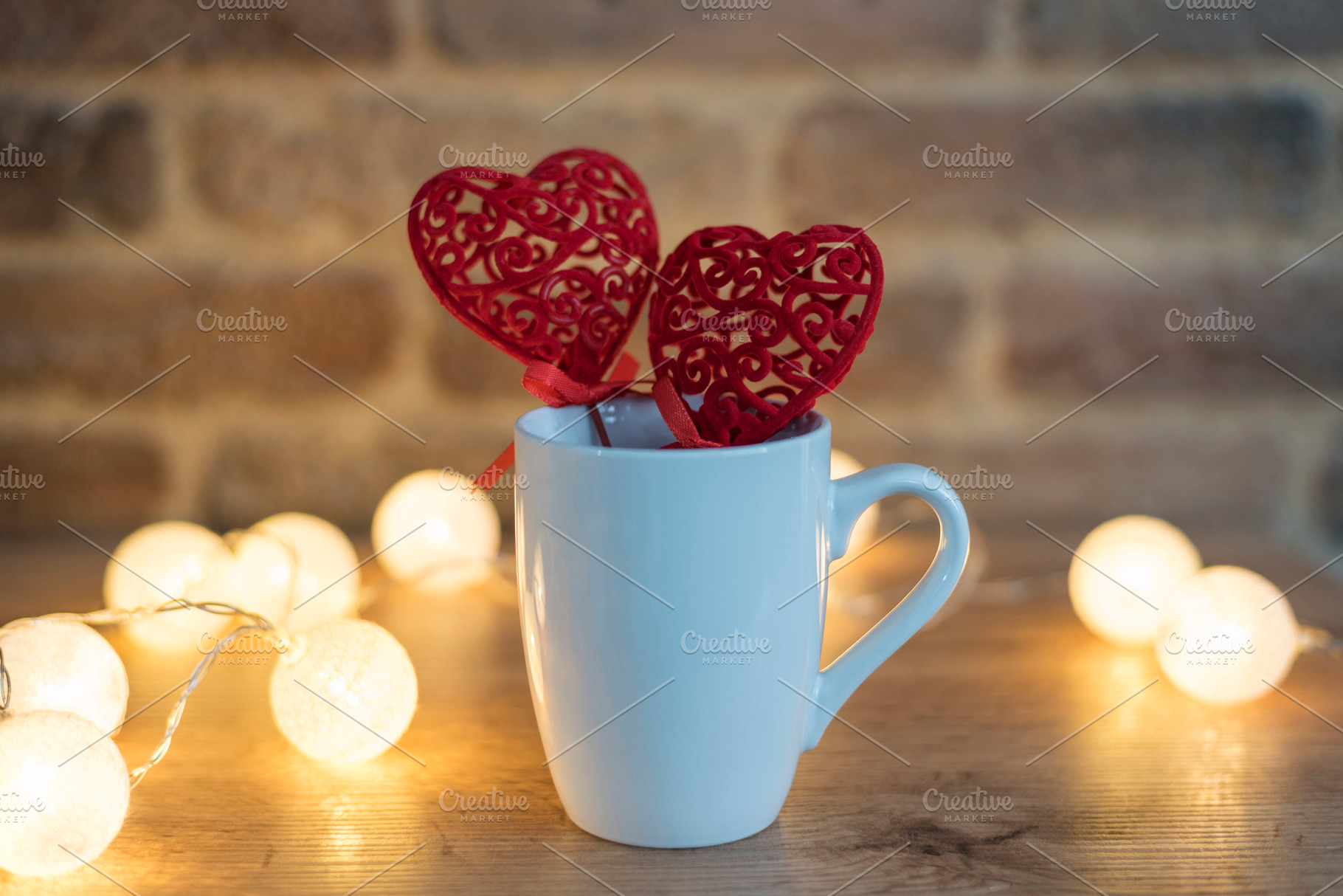 White Mug Mock Up, Two Red Hearts, a Holiday Photo by MONNKA