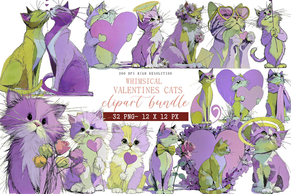 Whimsical Valentine Cats Clipart, an Illustration by DreamArtGraphic (Photo 1 of 4)
