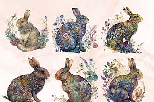 Watercolor Floral Rabbits Clipart