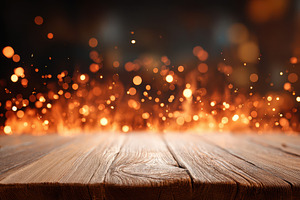 Wooden tabletop with glowing sparks on dark background, a Background Photo by AlyaAnd