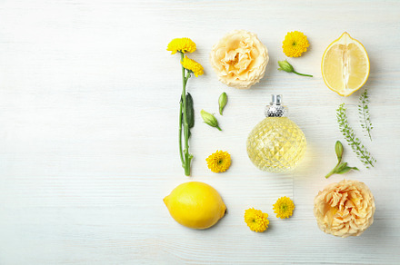 Concept of natural perfume on white wooden table, a Beauty & Fashion Photo by AtlasStudio