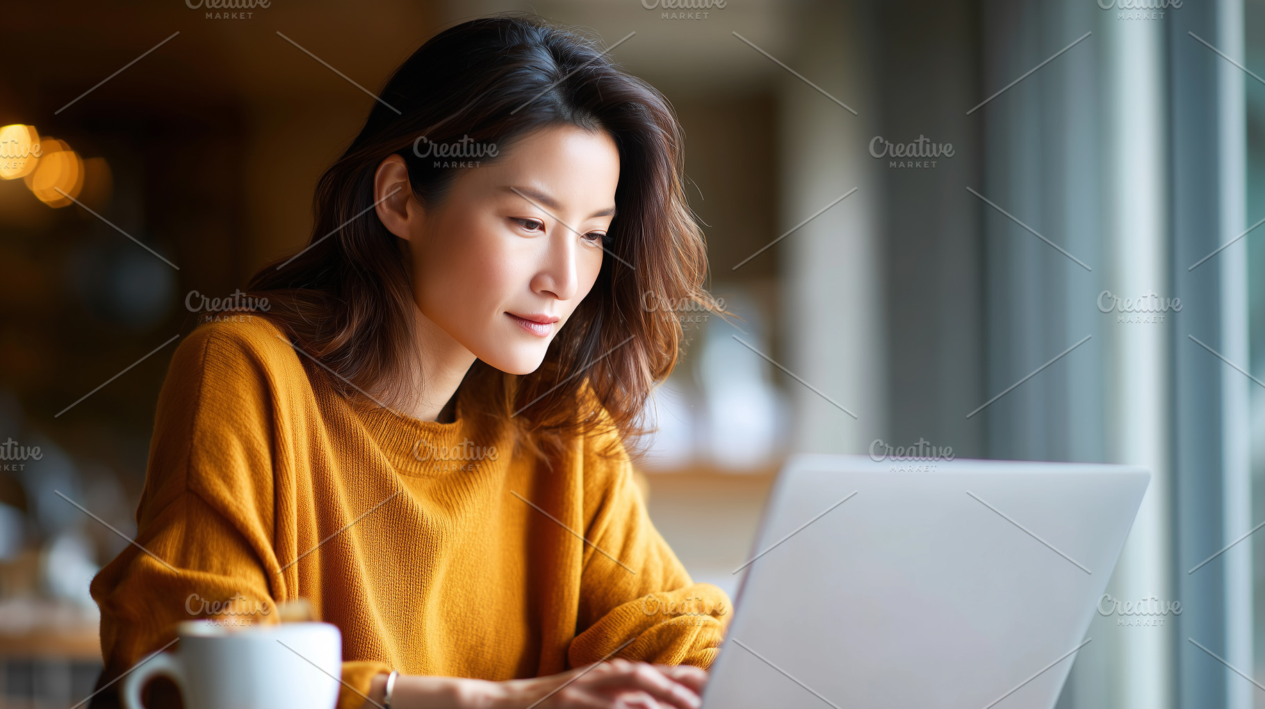 Asian woman in yellow sweater using, a Person Photo by MistyDay