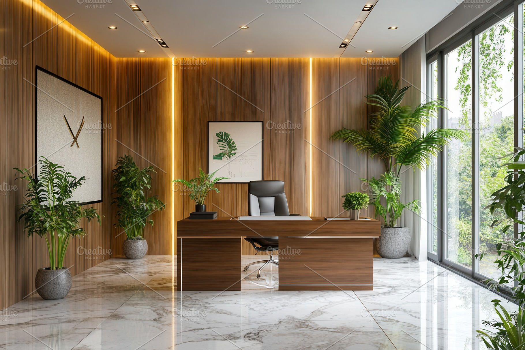 Sleek office with natural elements, a Photo by Pavel_design