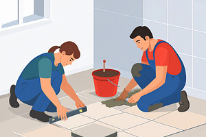 Teamwork tile mason working inside a modern home, a Person Illustration by DanFLCreativo