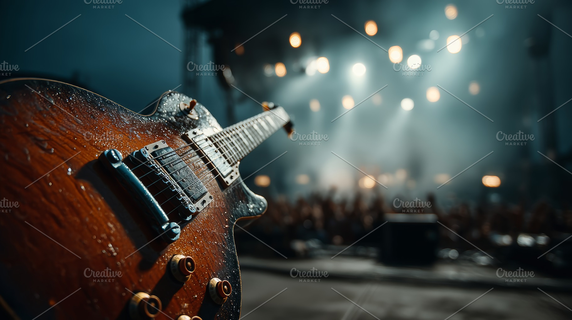 Close up of electric guitar on stage with wet finish, concert lights and blurre, a Photo by AS photostudio