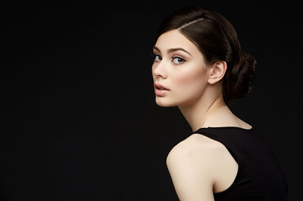 Beautiful girl with hairdo on balck featuring beautiful, model, and brunette