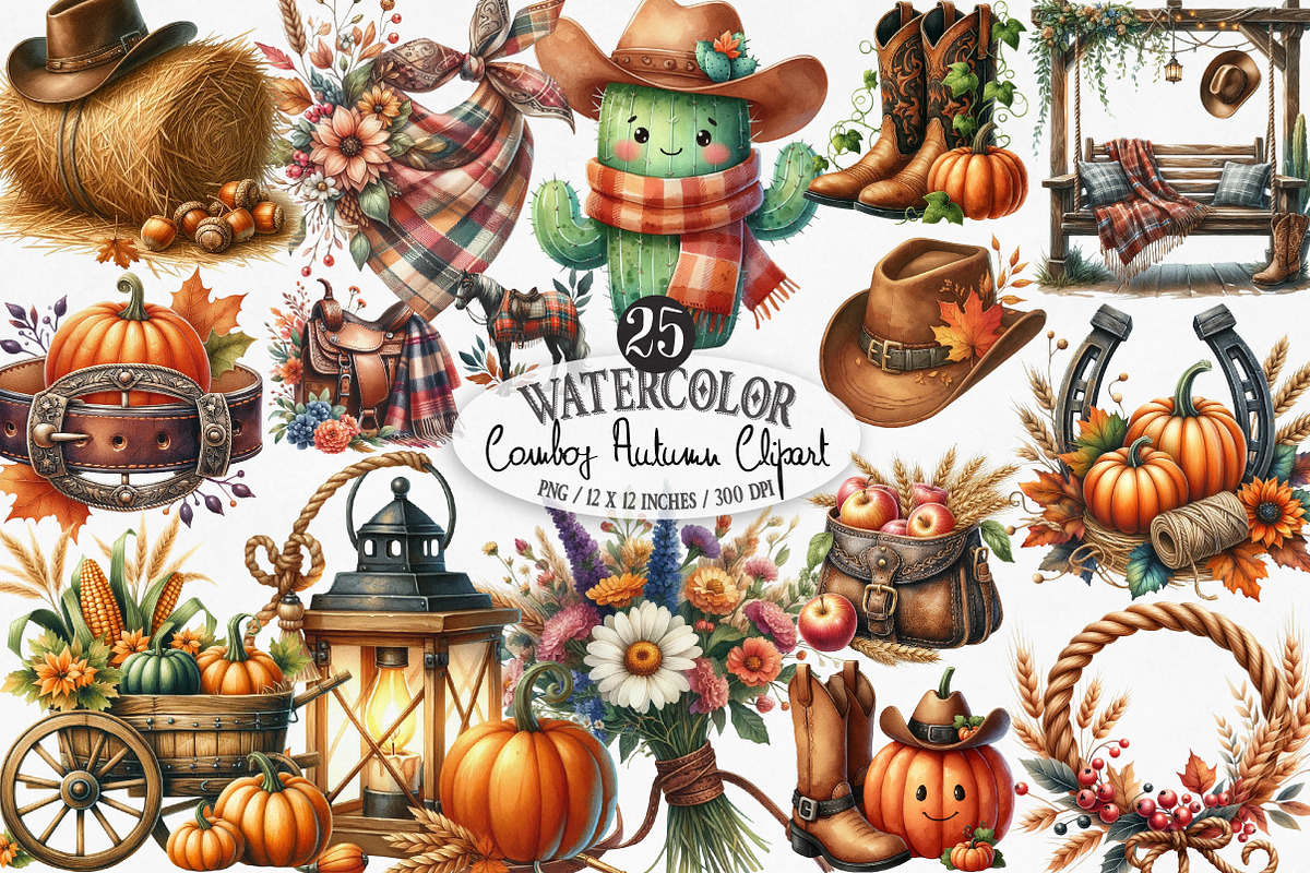 Watercolor Cowboy Autumn Clipart, an Illustration by Designking (Photo 1 of 4)