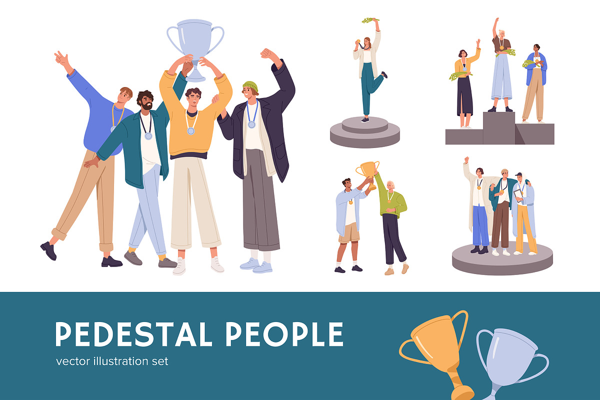 Winners with awards on pedestals set, a Person Illustration by PaperTrident (Photo 1 of 10)
