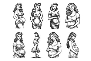 Pregnant Woman engraving set vector, a Person Illustration by AlexArt