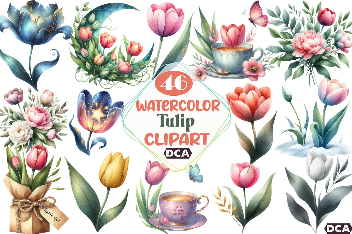 Watercolor Tulip Clipart, an Illustration by DreamCafeArt (Photo 1 of 7)