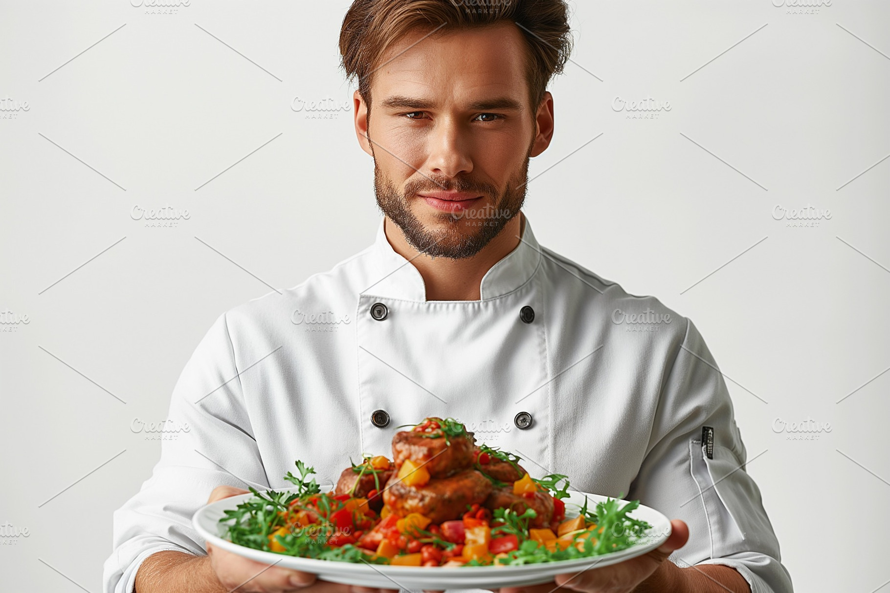 A confident young male chef presenting a delicious dish, showcasing his culinar, a Person Photo by ImageMir