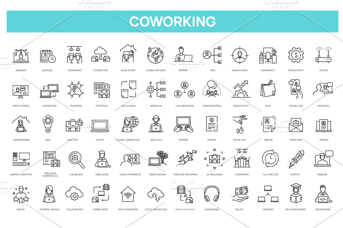 Office and Coworking line icons, an Outline Icon by Tettygreen (Photo 1 of 2)