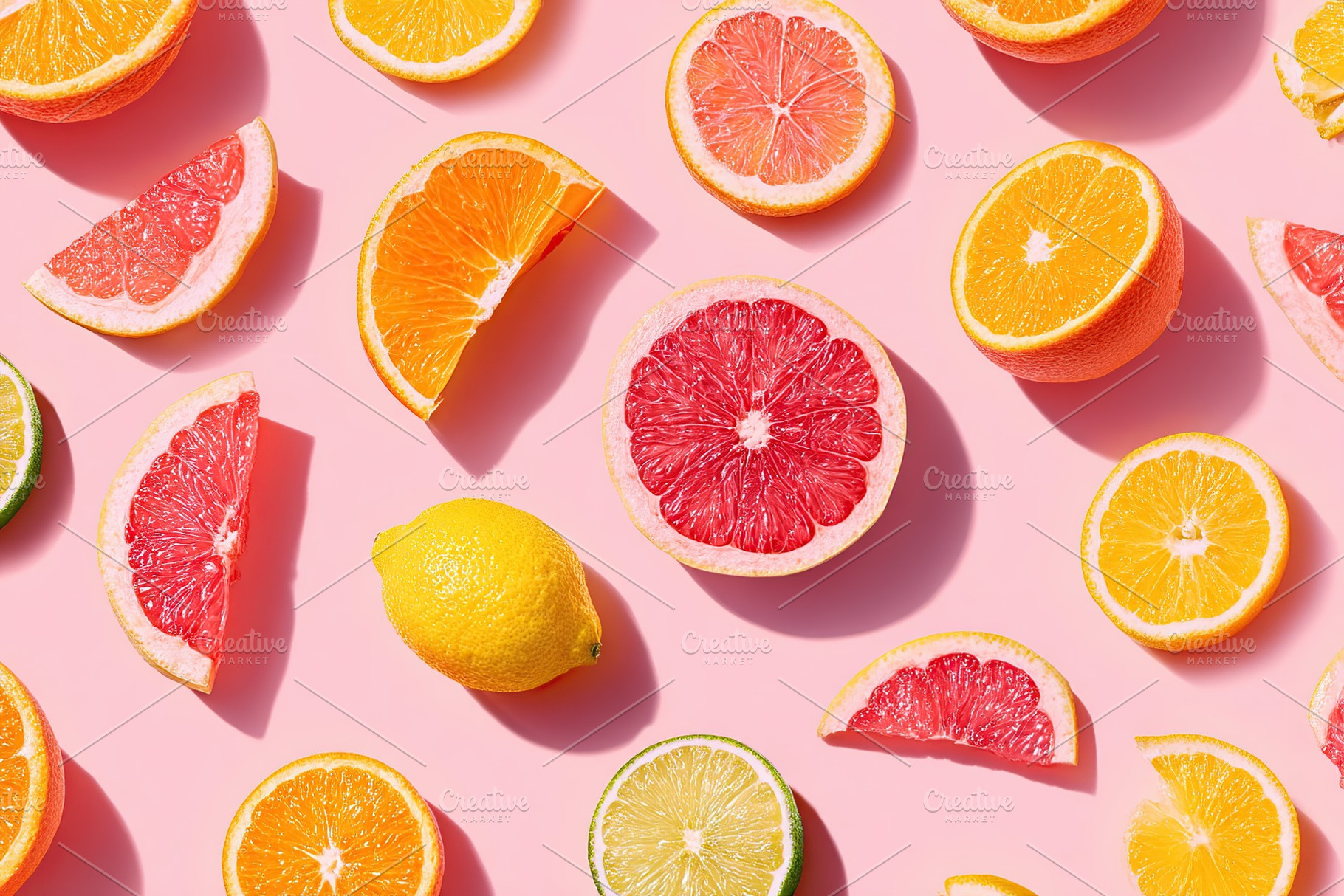 Colorful summer fruit pattern with sliced citrus on a pink background, a Food & Drink Photo by AlyaAnd