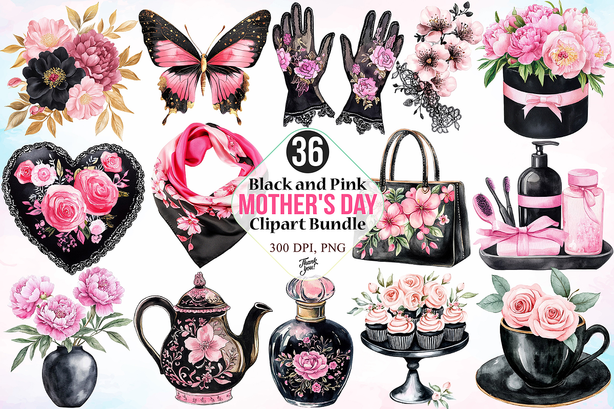 Black and Pink Mother's Day Clipart, a Seasonal Illustration by Canvas Craft (Photo 1 of 4)