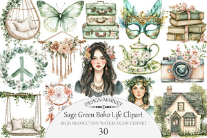 Watercolor Sage Green Boho Life Clip, an Illustration by Design Market