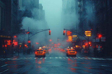 Rainy evening in a bustling city str, a Photo by Tanuart