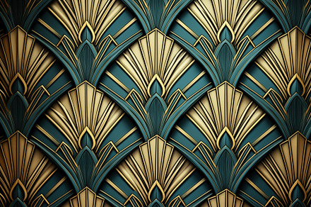 An elegant art deco pattern featuring intricate fan shapes in gold and teal col, a Pattern Graphic by Textures & Backgrounds