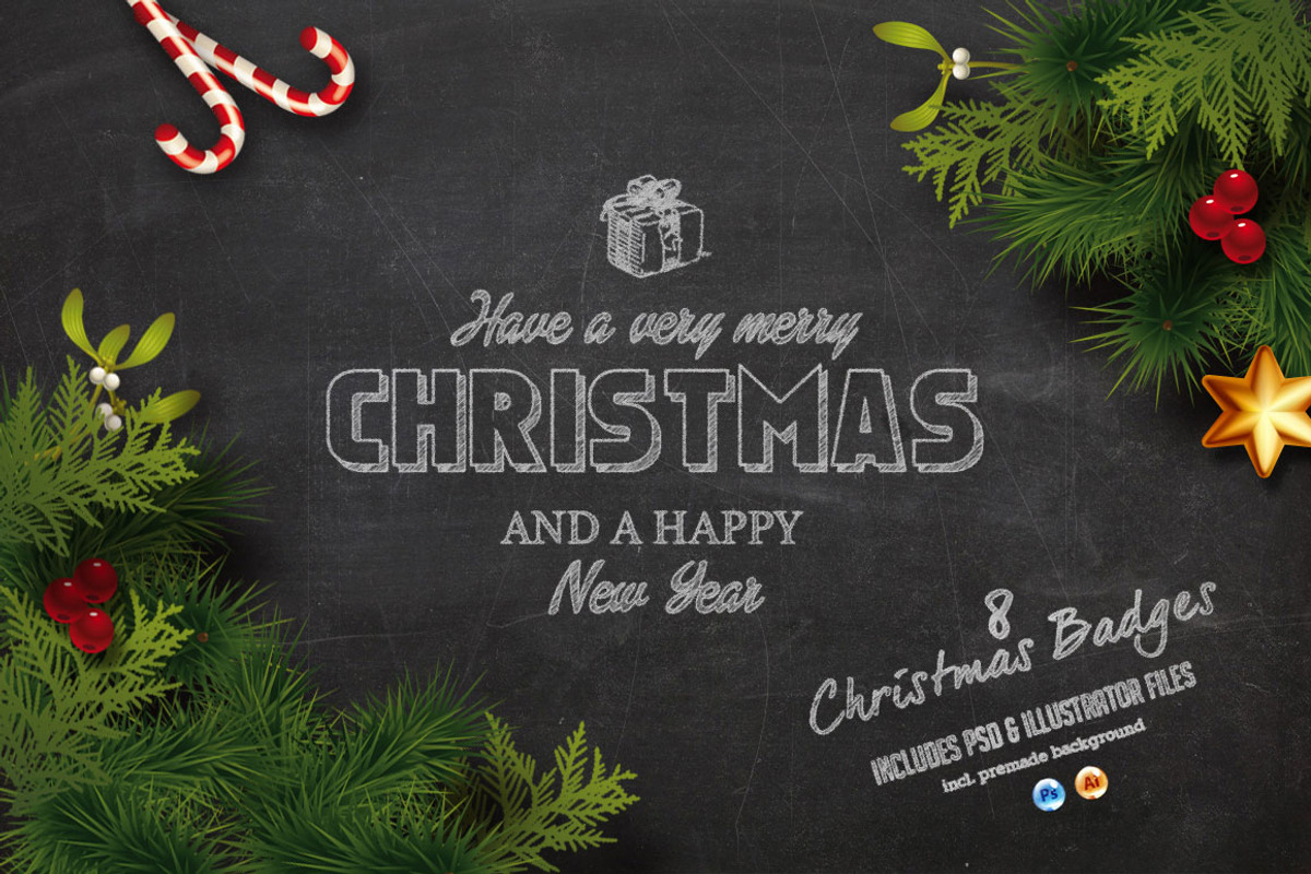 Christmas Chalk Badges + Background, an Illustration by Imagination Area (Photo 1 of 5)