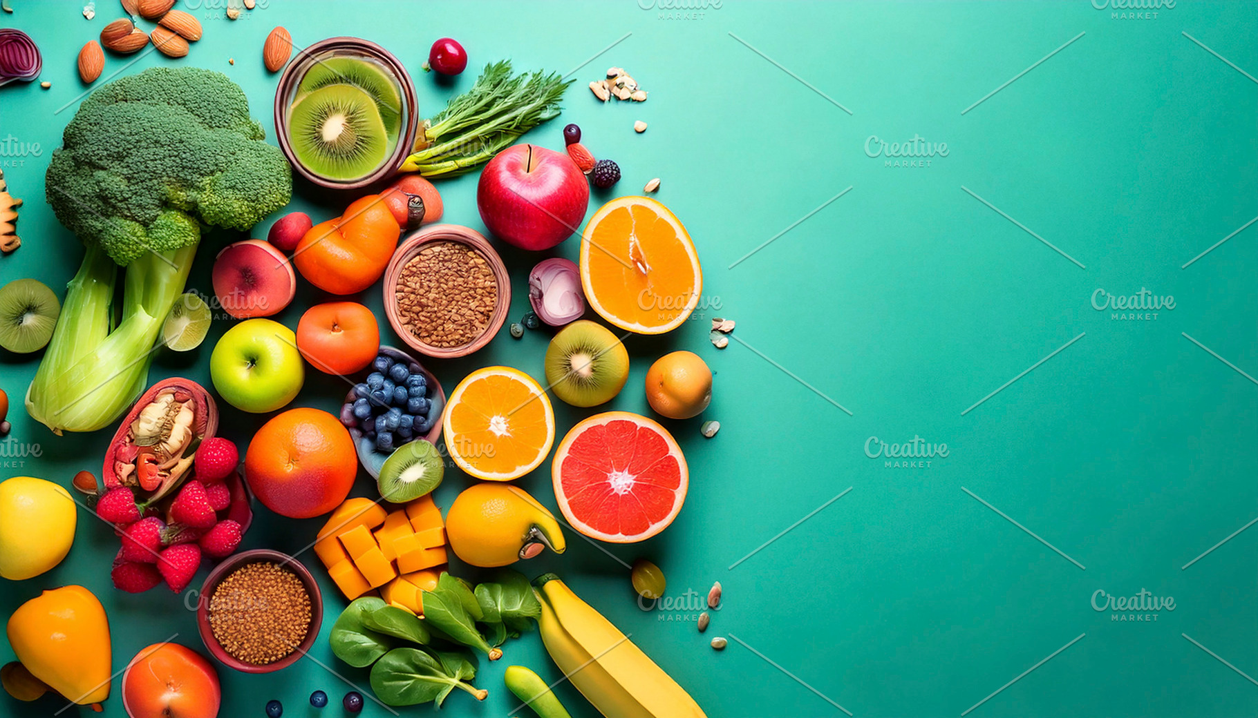 Fruits and vegetalbles elements over turquoise color background, a Food & Drink Photo by DanFLCreativo