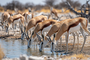 Springbok herd drinking water in Afr, a Photo by Pixeness Studio