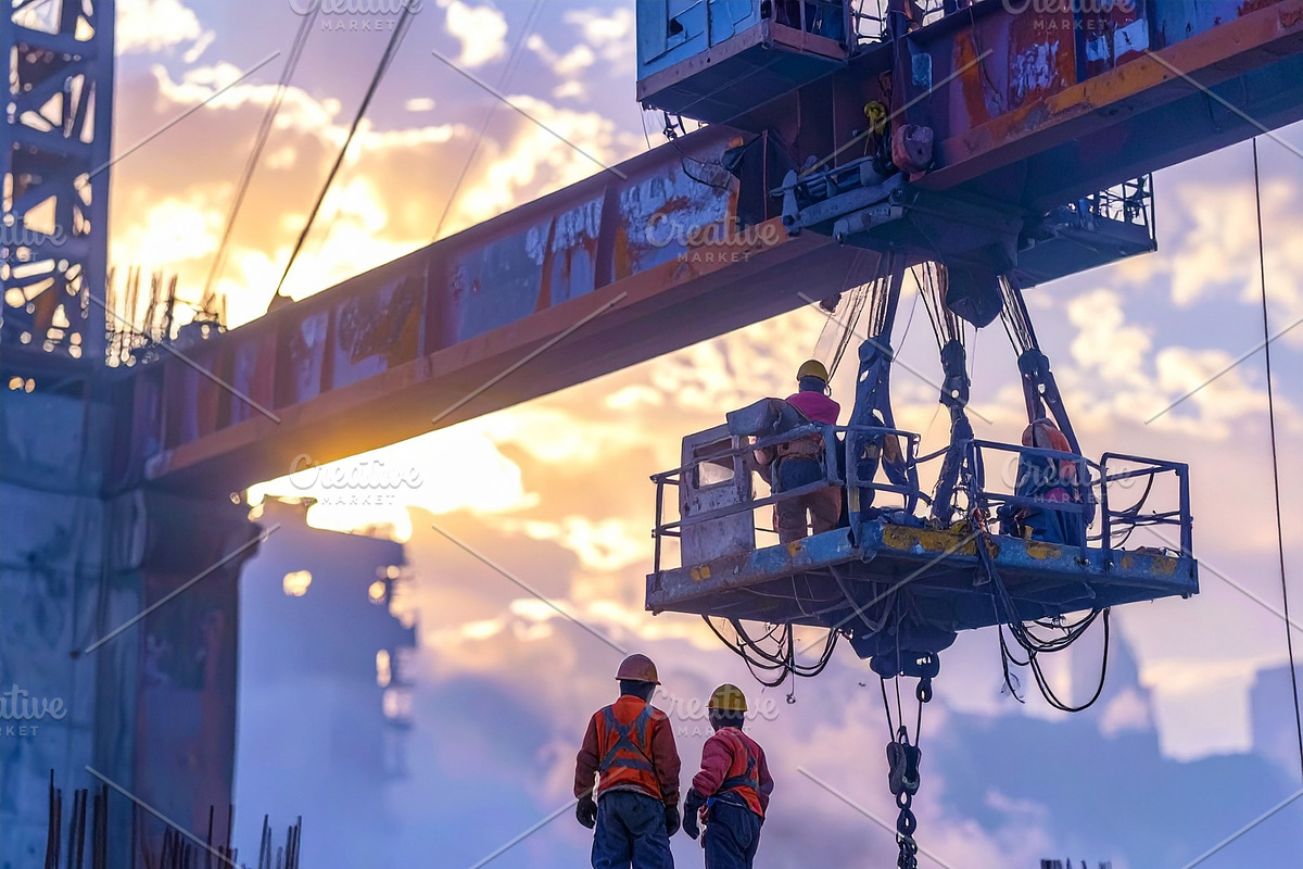 Construction workers operating crane at sunrise, a Work Illustration by DanFLCreativo