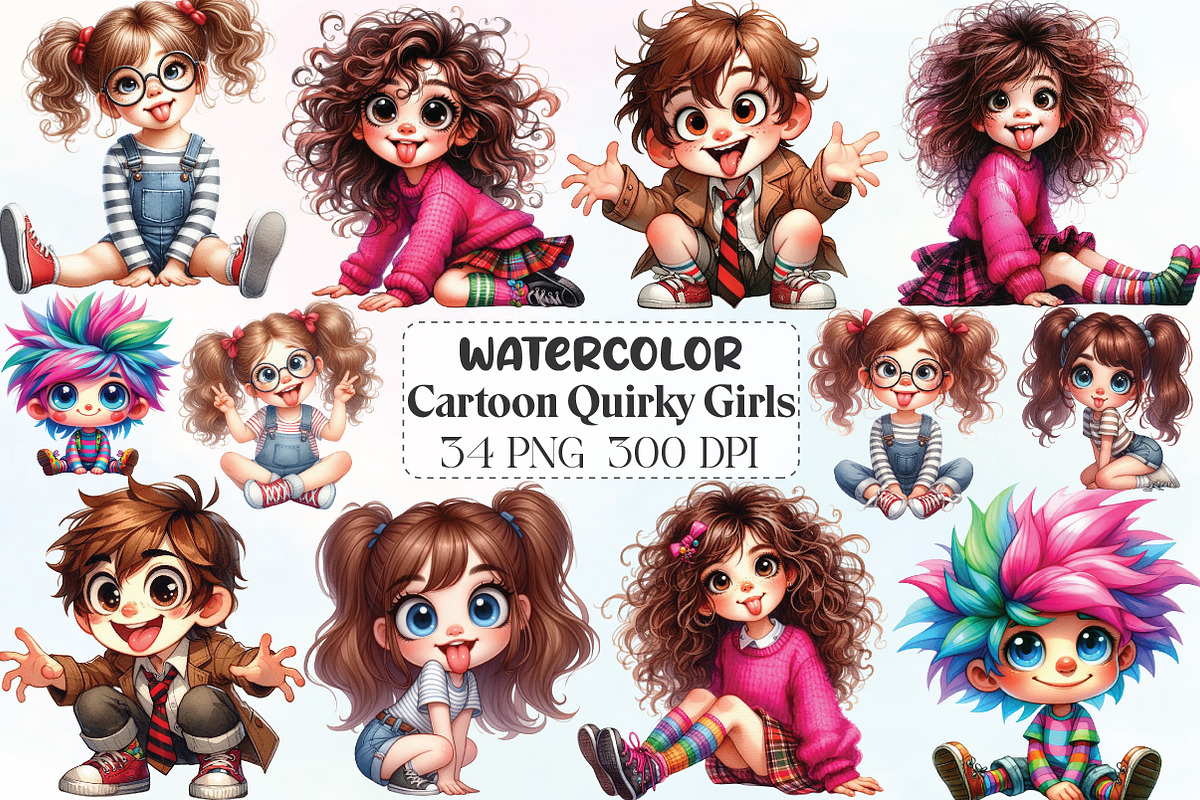Funny Cartoon Quirky Girls Clipart, an Illustration by CraftArtStudio (Photo 1 of 6)