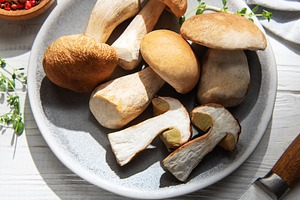 Fresh porcini mushrooms preparing for cooking with herbs, a Food & Drink Photo by Olena Rudo