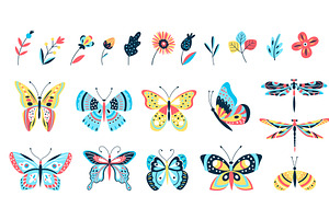 Butterflies And Flowers. Isolated