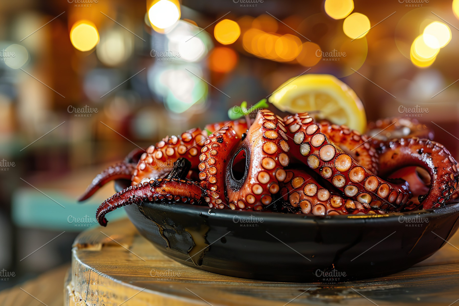 Grilled octopus leg in plate on blurred restaurant background, a Food & Drink Photo by AlyaAnd
