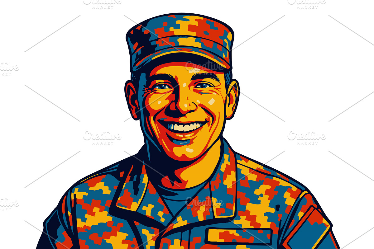 Smiling Male Soldier Colorful, an Illustration by AlexArt